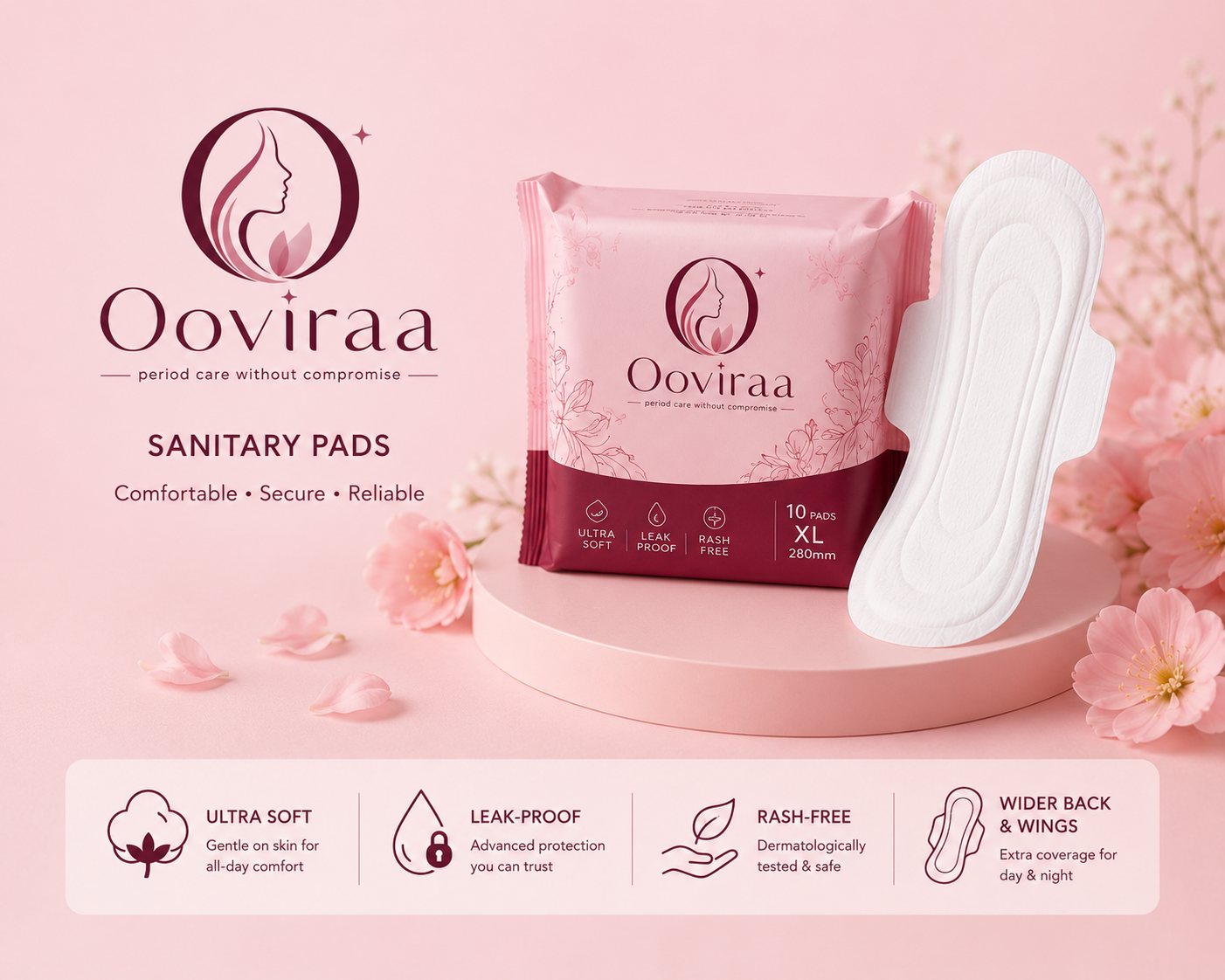Ooviraa Sanitary Napkin Pads with Cottony-Soft Top Layer for Women 280 mm Pack of 40