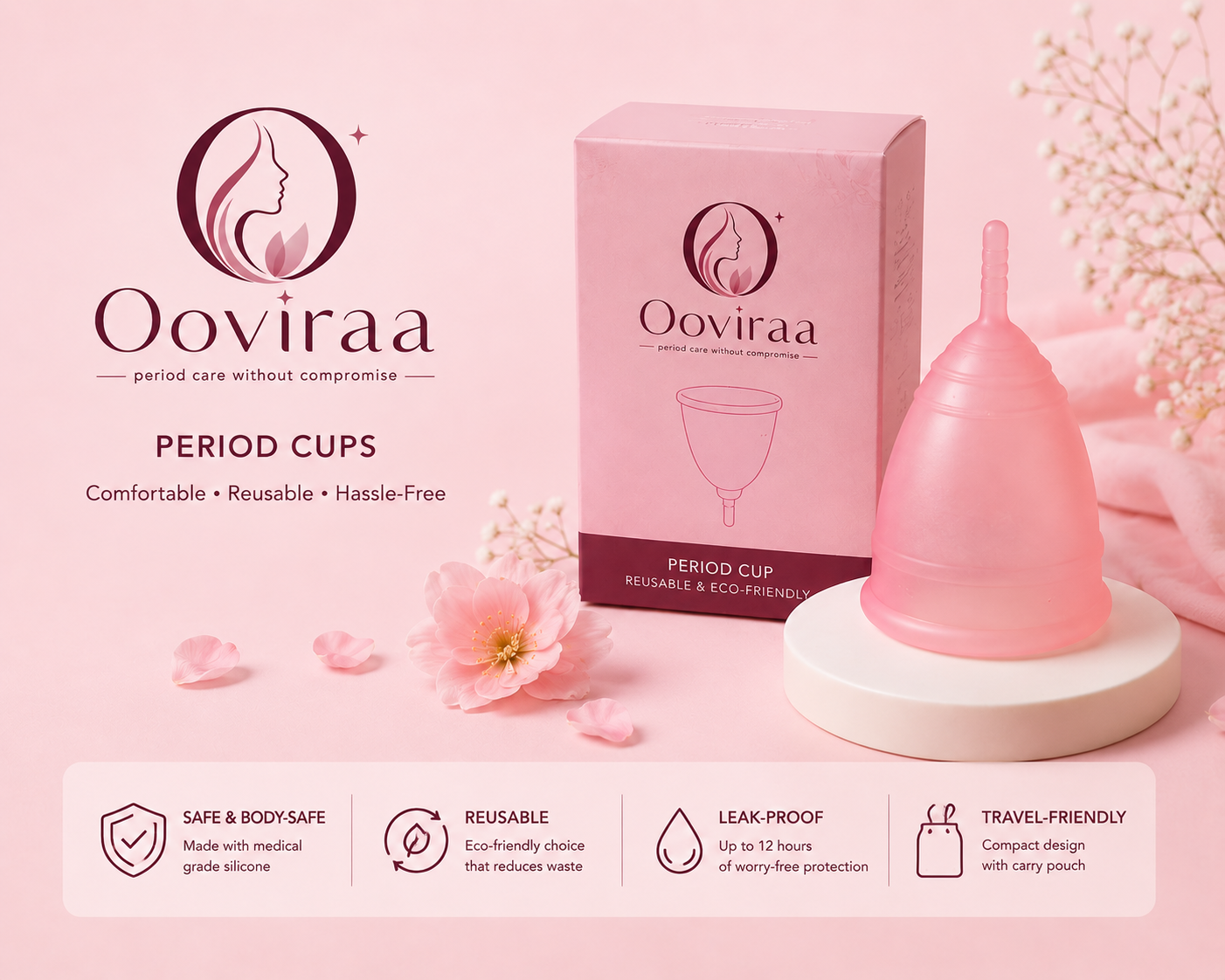 Ooviraa Reusable Menstrual Cup for Women - Medium with Pouch | FDA Approved | Made of Ultra Soft 100% Medical Grade Silicone | Odour, Rash & Itch-Free Period | Leak-Proof Protection for 8-10 Hours